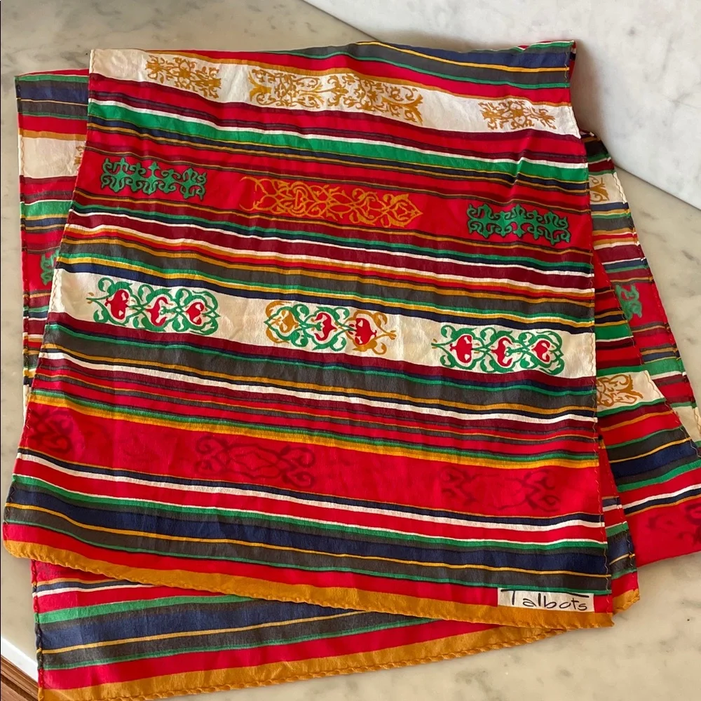 TALBOTS Vintage Oblong Silk Geometric Scroll Motif Multicolor Scarf